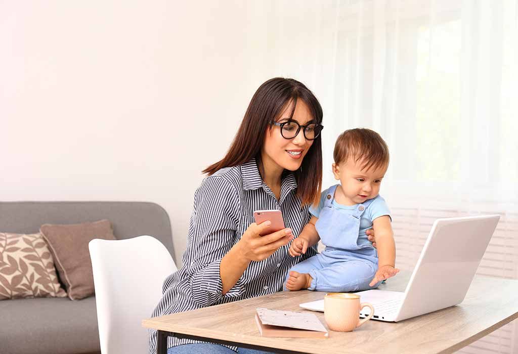 A mother working from home